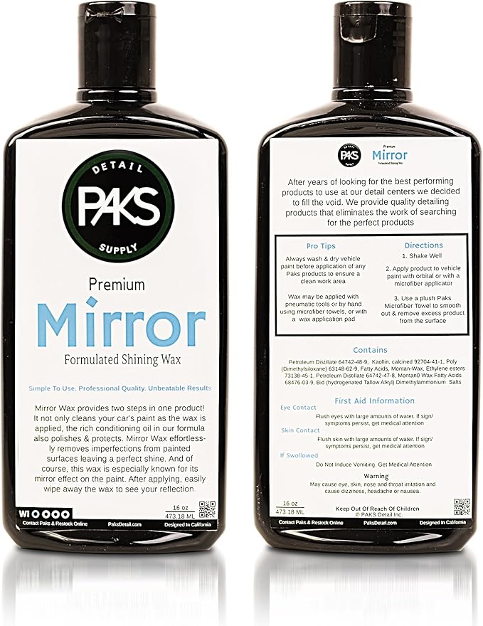 Paks Mirror Polish Auto Wax | Deep Paint Restoring Shine | Long Lasting UV Protection | Applicable By Machine and Hand | Supreme Paint Protection | Made in USA | 16 oz Hand Wax Deep Gloss Wet Look