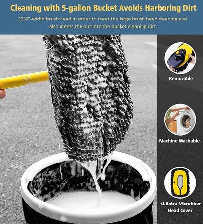 YeewayVeh Car Wash Brush Mop with Long Handle, 55" Car Wash Brush with 2 Replaceable Microfiber Mop Heads, 15° Curved Extension Pole Auto Cleaning Wash Kit for Truck SUV RV Camper, Yellow