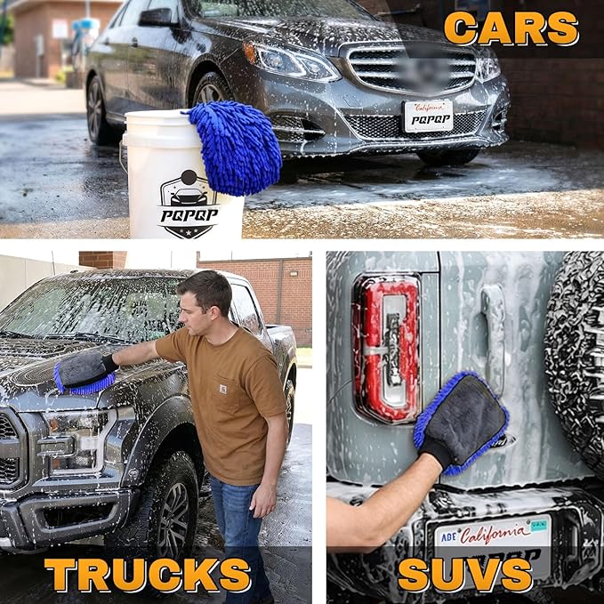 2Pack Premium Car Wash Mitt, Scratch-Free 2-in-1 Dual-Side Chenille Microfiber Gloves for Auto Detailing, Safe on Paint, Glass, Chrome – for Cars, Trucks, SUVs, RV & Motorcycle (Blue)