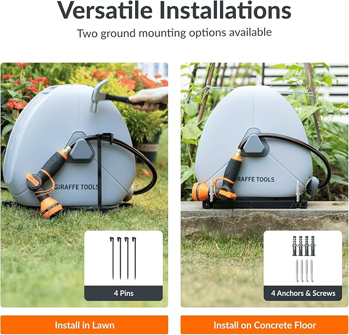 Giraffe Tools Ground Mounted Retractable Hose Reel 1/2 Inch x 82FT, Heavy Duty Automatic Rewind Garden Hose Reel, with Flexible Swivel Base for Lawn, Concrete Floor