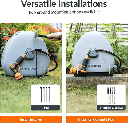 Giraffe Tools Ground Mounted Retractable Hose Reel 1/2 Inch x 82FT, Heavy Duty Automatic Rewind Garden Hose Reel, with Flexible Swivel Base for Lawn, Concrete Floor