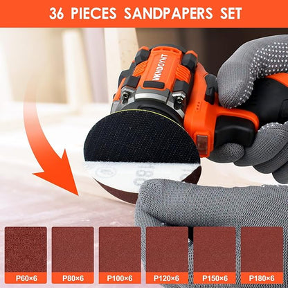 Brushless Small Sander with 36PCS Sandpapers, 2 Variable Speed Cordless Sander (0-500/0-3000 RPM), 3.0Ah Battery, Mini Compact Design Electric Sander for Wood, Metal, Paint Removal, and DIY Projects