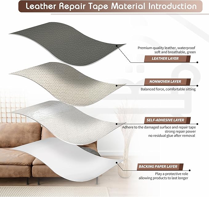 KING MOUNTAIN Leather Repair Patch,2 Packs 9 x 11 Inches self Adhesive Leather Repair Tape for Damaged Leather Furniture, Sofa Seating,Car Seats, Leather Goods（Gray）