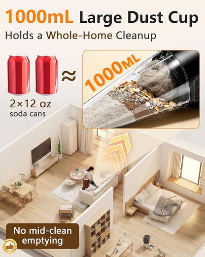 Handheld Vacuum Cordless Rechargeable with Charging Dock - 16000Pa Ultra-Strong Suction, Portable & Lightweight, Fast Charging, LED Light, 0.8L Super-Large Dust Cup, Long Battery Life for Home