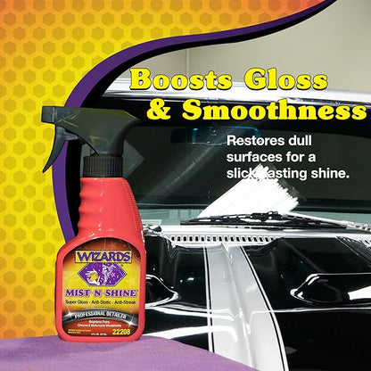 Wizards Mist-N-Shine Detail Spray - 8 Oz - Multi-Purpose High Gloss Finish Waterless Quick Detailer Spray for Glass, Chrome, Paint and Plastics - Car Exterior Cleaner for Auto Detailing Supplies