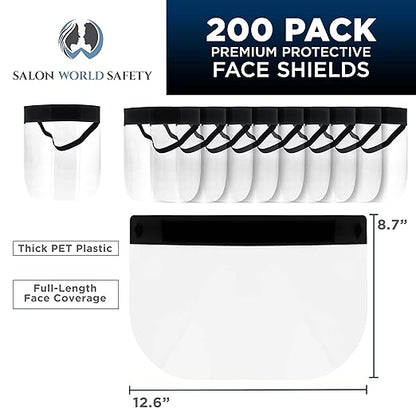 Salon World Safety 200 Black Face Shields (20 Packs of 10) - Ultra Clear Protective Full Face Shields to Protect Eyes, Nose and Mouth - Anti-Fog PET Plastic, Elastic Headband - Sanitary Droplet Guard