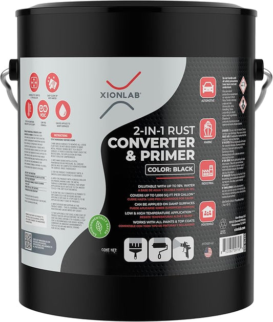2-in-1 Rust Converter & Metal Primer - Black, Water-Based, Low VOC, Rust Remover for Metal, Reformer & Encapsulator, Ideal for Automotive, Maritime, Car Restoration, Covers up to 1,000 Sqft. Per Gallon. Anti-Rust Inhibitor & Neutralizer with Protection...