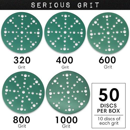 Serious Grit - 6-Inch 49-Hole High Grit Sanding Discs Assortment - 320, 400, 600, 800, 1000 Grit (10 of Each) - Wet Dry Hook & Loop Film Discs - Sandpaper for Random Orbital Sanders - 50 Pack Box