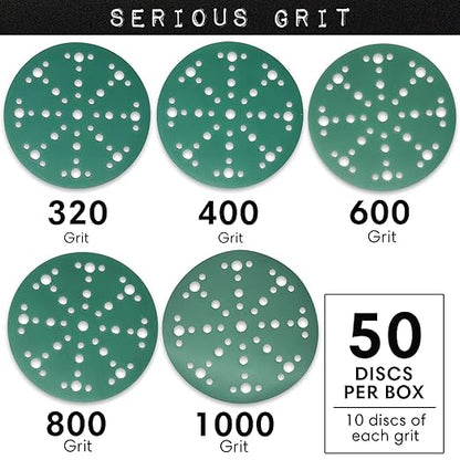 Serious Grit - 6-Inch 49-Hole High Grit Sanding Discs Assortment - 320, 400, 600, 800, 1000 Grit (10 of Each) - Wet Dry Hook & Loop Film Discs - Sandpaper for Random Orbital Sanders - 50 Pack Box