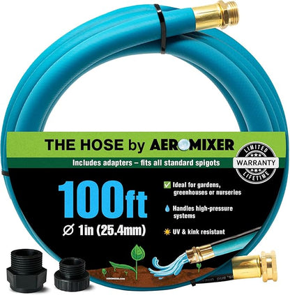 Aeromixer THE HOSE - 1 Inch Garden Hose 100 Ft, Includes Adapters 3/4 Spigots, Kinkless Commercial Garden Hoses, Heavy Duty Water Hoses for Outdoors, 650 PSI High-Pressure Watering Tool