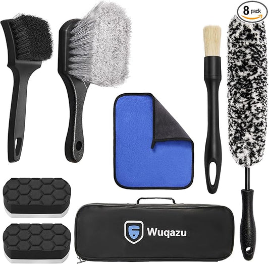Wuqazu 8PCS All-in-One Wheel & Tire Cleaning Kit - 360° Flexible Synthetic Wool Rim Brush, 2 Dual-Hardness Brushes, Dressing Pads & Storage Bag | Scratch-Free for All Vehicles