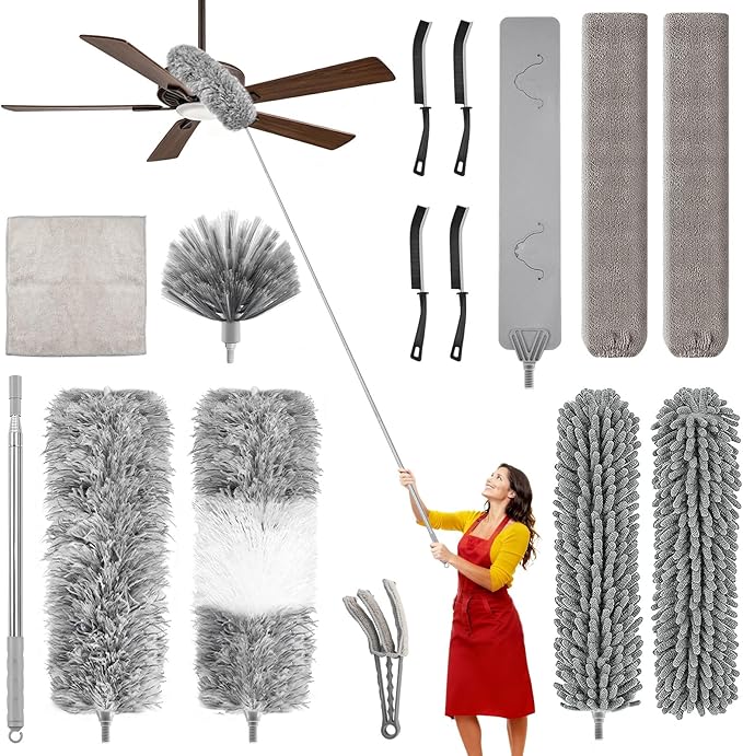 14PCS 100-Inch Extendable Duster Kit – Bendable Chenille/Microfiber/Window Blind Tools for Home/Car/High Ceilings