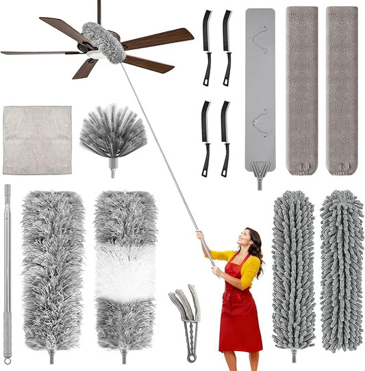 14PCS 100-Inch Extendable Duster Kit – Bendable Chenille/Microfiber/Window Blind Tools for Home/Car/High Ceilings
