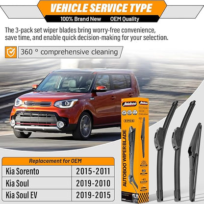 AUTOBOO 24"+20" Windshield Wipers with 11" Rear Wiper Blade Replacement for Kia Sorento 2011 2012 2013 2014 2015, 2010-2019 Kia Soul Soul EV-Original Factory Quality (Pack of 3)
