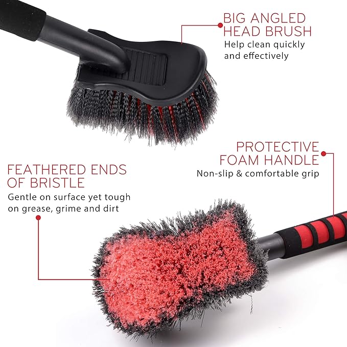 TAKAVU 17.5" Wheel Tire Body Brush Soft Bristle - Gentle Car Wash Brush Long Handle for Safe Tire Sidewall & Wheel Cleaning - Scratch - Free Automotive Tool