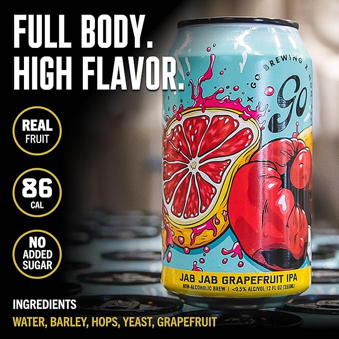 Go Brewing - Jab Jab Grapefruit IPA - Non-Alcoholic Craft Beer - Full-Bodied, Low-Calorie Brew - Tart, Hoppy, Grapefruit Flavor Profile - Classic Ingredients - Ideal for Any Occasion (12 Oz, 12 Cans)