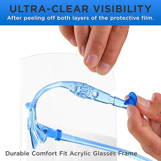 TCP Global Salon World Safety Face Shields with Blue Glasses Frames (Case of 500) - Ultra Clear Protective Full Face Shields to Protect Eyes, Nose, Mouth - Anti-Fog PET Plastic, Goggles