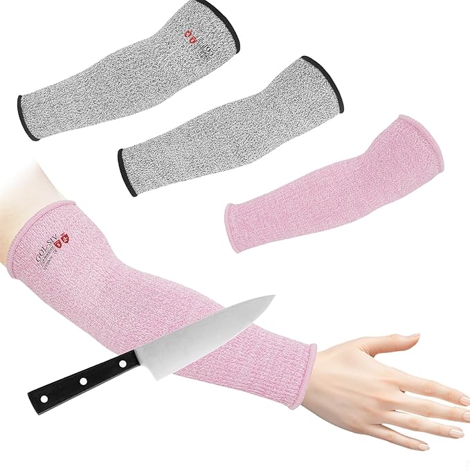 GOL-SIV Arm Protectors For Thin Skin And Bruising, Cut Resistant Sleeves For Men Women, A5 Level Farmer Sleeve For Gardening (Grey & Pink, 2pairs, 11.8 In)