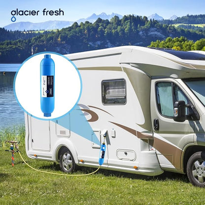 GLACIER FRESH RV/Marine Water Filter with 2 Flexible Hose Protector, Greatly Reduces Bad Taste, Odors, Chlorine and Sediment in Drinking Water, 4 Pack