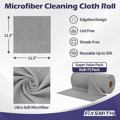 FIXSMITH Microfiber Cleaning Cloth Roll -75 Pack, Microfiber Towel Roll Tear Away, Reusable Cleaning Rags, Microfiber Towels for Cars, Dish Rags Dust Cloths for Kitchen, Home, Auto 11.5 x 11.5 inch