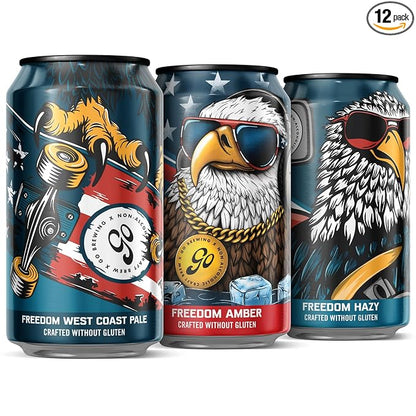 Go Brewing - Freedom West Coast Pale, Amber, and Hazy IPA Non-Alcoholic Craft Beer - Small Batch Brew with Classic Ingredients - Low-Calorie & Crafted Without Gluten - Bold, Balanced Taste (12 Oz, 12 Cans)