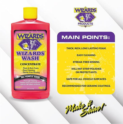 Wizards Car Wash - Super Concentrated Car Wash Soap - No Salt Biodegradable Car Wash Soap With Thick Foam - Exterior Care Products For Marine Use - Foam Cannon Soap For Car Washing Supplies - 16 oz