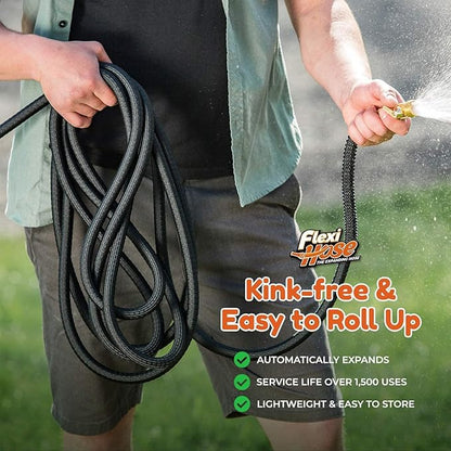 Flexi Hose Lightweight Expandable Garden Hose, 50FT - Retractable Garden Hose, Water Hose - No-Kink Flexibility, 3/4 Inch Solid Brass Fittings and Double Latex Core