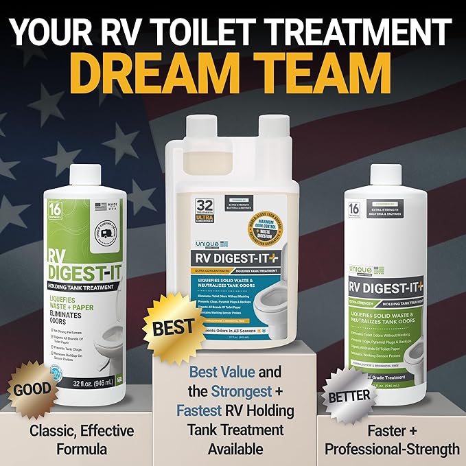 Unique RV Digest-It Ultra RV Toilet Treatment, 32 Uses, Super Concentrated, Eliminates Smells, Liquifies Waste, Easy-Measure Preventive Bio-Enzymatic Holding Tank Treatment, Package May Vary (32 oz)
