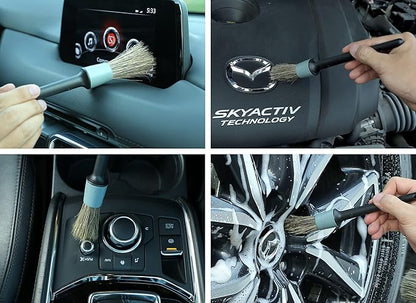 TAKAVU Complete Car Detailing Brush Kit (10 Piece) - Boar Hair Detail, Wire & Vent Brushes with Microfiber Towel for Wheels, Interior, Engine Bay Cleaning