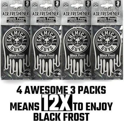 Chemical Guys Car Fresheners, Hanging Air Freshener, Black Frost Scent 12 Pack, Great for Cars, Trucks, SUVs, RVs, Home, Garage, Workspace, Dorm Room & More (4 x 3 Packs)