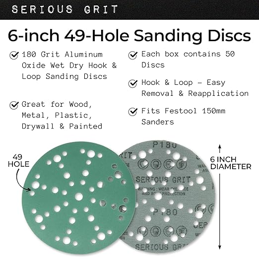 Serious Grit - 6-Inch 49-Hole 180 Grit Sanding Discs - Heavy-Duty Hook & Loop Film Discs - Sandpaper for Random Orbital Sanders - 50 Pack Box