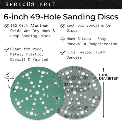 Serious Grit - 6-Inch 49-Hole 180 Grit Sanding Discs - Heavy-Duty Hook & Loop Film Discs - Sandpaper for Random Orbital Sanders - 50 Pack Box