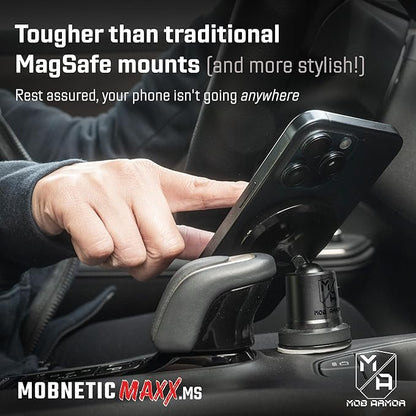 Mob Armor MobNetic Maxx MS - MagSafe Compatible Car Phone Mount w/ 90º Tilt, 360º Rotation & Durable Aluminum Build, Magnetic Holder for iPhone & Android Devices, USA Assembled - Black Chrome