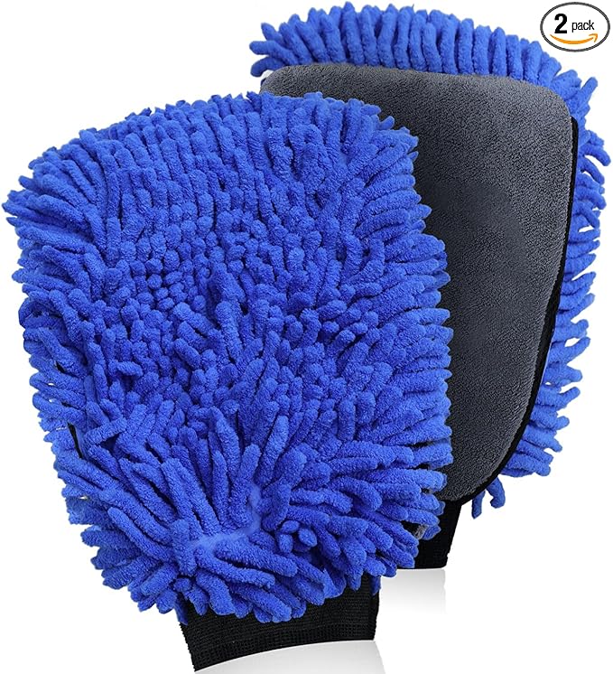 Premium Car Wash Drying Mitt, 2-in-1 Dual-Side Chenille Microfiber Gloves for Auto Detailing, Car Sponge Wrapped in Soft, Machine Washable (2Pack) (Blue)