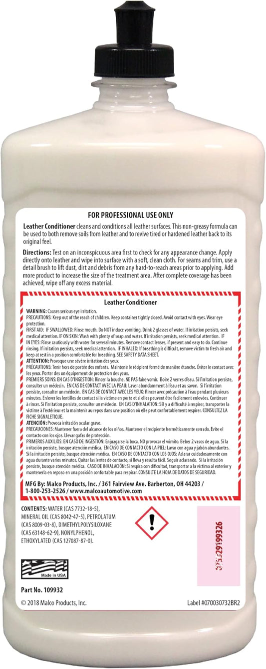 Malco Leather Conditioner for Cars - Cleans and Conditions Automotive Seats & Surfaces/Natural Moisturizers Soften, Restore and Protect Leather Interiors / 32 Oz (109932)