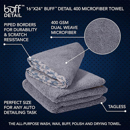 Detail Microfiber Car Towels Bulk (16"x 24") | 400 GSM | 80/20 Blend | Tagless | Soft Satin Piped Edges | All-Purpose Auto Detailing - Wax, Buff, Polish, Wash, Dry | Case of 108 (Gray)