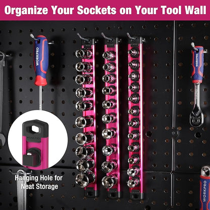 WORKPRO Magnetic Socket Organizer, 1/4-Inch Drive Aluminum Alloy Socket Rail, Heavy Duty Socket Holder, Socket Rack Kit 1/4-Inch x 12 Clips Rose Red (Socket not Included)