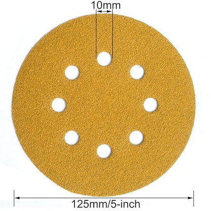 Aiyard 5-Inch 8-Hole Hook and Loop Sanding Discs 80-Grit Random Orbit Sandpaper, 100-Pack