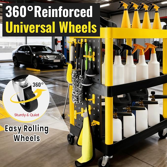 Auto Detailing Cart with Wheels, 3 Tier Car Detailing Cart with Hanging Boards & Hooks, Car Wash Organizer for Garage Workshop DIY Home