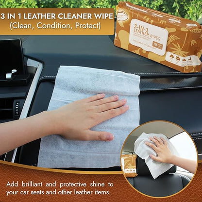 Air Jungles 3in1 Leather Cleaner Wipes 70 Count (Pack of 3), Extra Large 8" x 10" Size, Clean Condition Protect Wipes for Vinyl and Leather Apparel Furniture Auto Car Interior Shoes Boots Bags