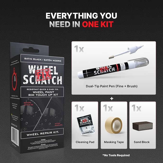 Wheel Scratch Fix® Matte Black Touch Up Paint for Cars - DIY Alloy Wheel Repair Kit, Curb Rash Remover with Fast-Drying Pen - Long-Lasting OEM Finish Car Rim Paint for Scuffs and Chips at Home (Satin/Matte Black)