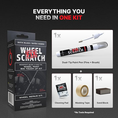Wheel Scratch Fix® Matte Black Touch Up Paint for Cars - DIY Alloy Wheel Repair Kit, Curb Rash Remover with Fast-Drying Pen - Long-Lasting OEM Finish Car Rim Paint for Scuffs and Chips at Home (Satin/Matte Black)