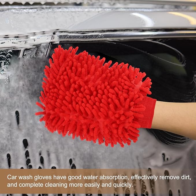 HARFINGTON Chenille Microfiber Car Wash Mitts 9.8" x 7.9" Scratch Free Wash Gloves Absorbent Double Sided Plush Cleaning Drying Mitts for Car Washing Home Rose Red