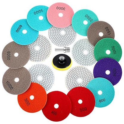 XLIUAX 20 Pack Diamond Polishing Pads Set, 4 Inch Wet/Dry Granite Stone Polish Pad Kit 30-10000 Grit with 5/8’’-11 Backer Pad Drill Grinder Adapter and Wool Disc for Marble Rock Concrete Stone Quartz
