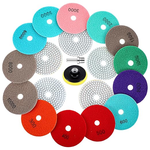 XLIUAX 20 Pack Diamond Polishing Pads Set, 4 Inch Wet/Dry Granite Stone Polish Pad Kit 30-10000 Grit with 5/8’’-11 Backer Pad Drill Grinder Adapter and Wool Disc for Marble Rock Concrete Stone Quartz