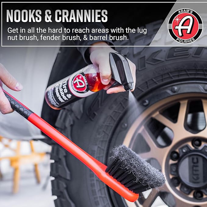 Adam's Wheel & Tire Brush Combo (2-Item) - Includes Wheel Brush & Tire Brush for Cleaning Rubber, Plastic, Chrome, Metal, Aluminum, Rim & Spoke Surfaces