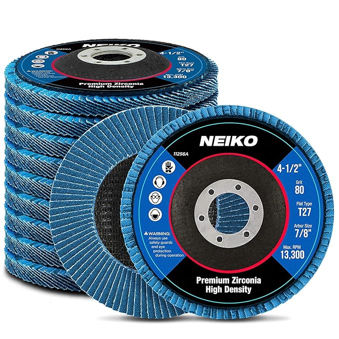 Neiko 11256A High Density Jumbo Premium Zirconia Flap Disc | 4.5" x 7/8-Inch, 80 Grit, Flat Type #27 - 10 Pack