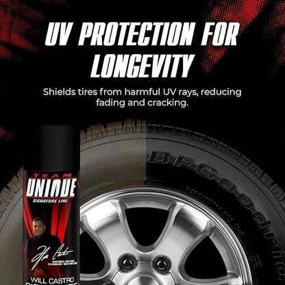 TEAM UNIQUE Tire Shine Satin – 18.6 Fl Oz (550mL) | Advanced Formula for a Lasting Satin Sheen | Protects Tires from Cracking and Fading | Low-Sling Spray for Easy Application on All Tire Types