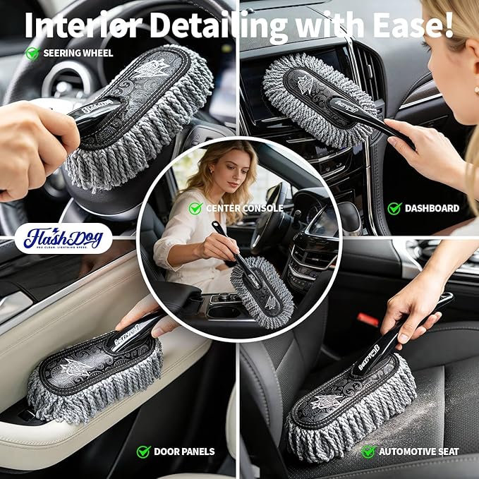 Flash Dog Car Duster Exterior & Interior Scratch Free Kit Microfiber and Telescopic Aluminum Alloy Handle for Cars/SUV/Trucks with Car Duster Interior, Portable Waterless Dust Removal