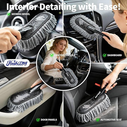 Flash Dog Car Duster Exterior & Interior Scratch Free Kit Microfiber and Telescopic Aluminum Alloy Handle for Cars/SUV/Trucks with Car Duster Interior, Portable Waterless Dust Removal